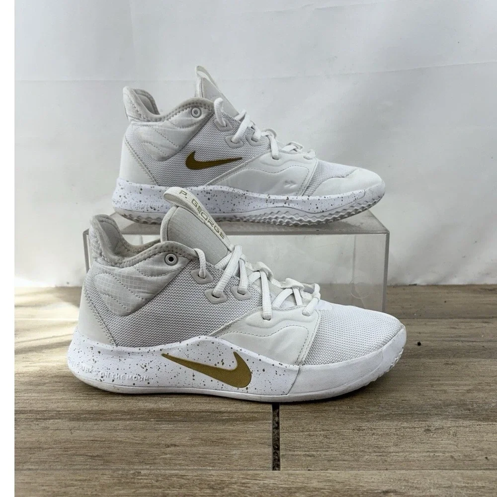 Nike PG 3 White Metallic Gold Speckled Basketball Shoes AV7928-991 Kids Size 7Y‎